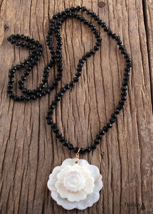 Boho Necklace, RH Crystal White Rose